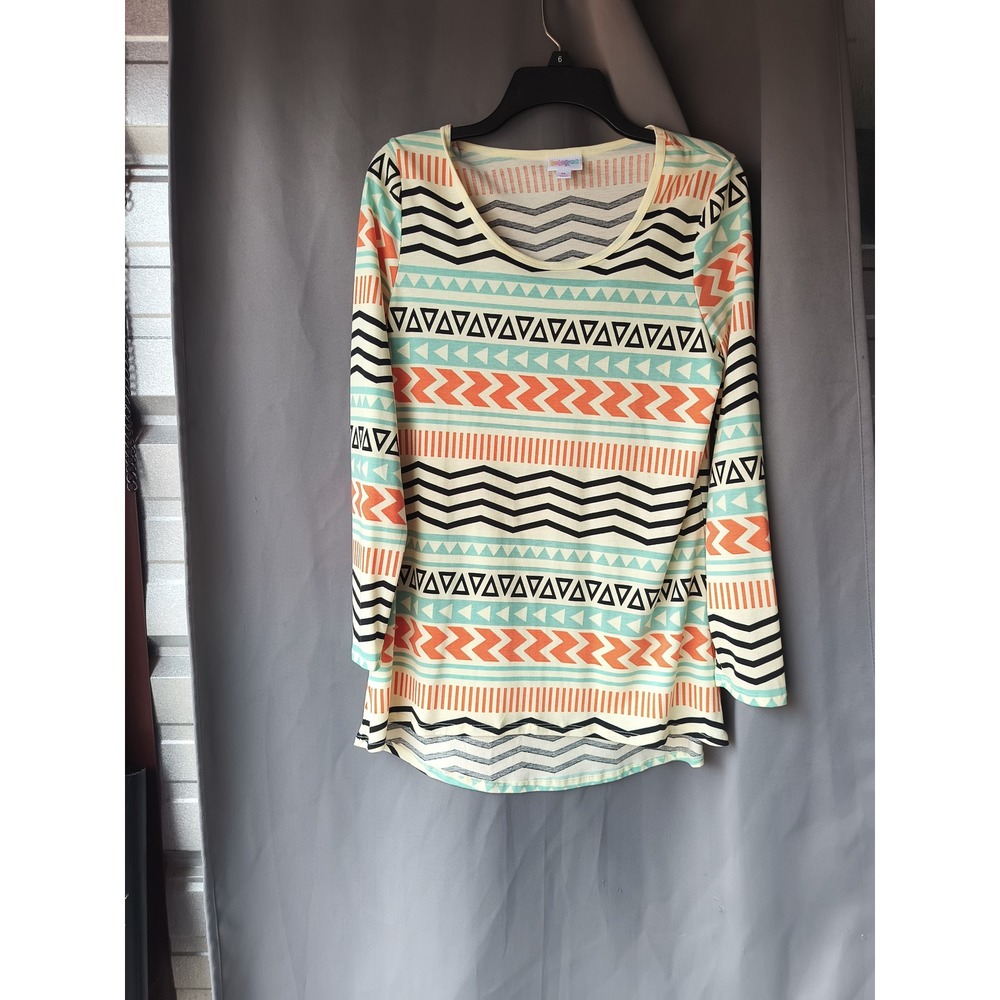 LuLaRoe Irma Tunic Top Medium Orange Teal Geometric Southwestern Long Sleeve Hem